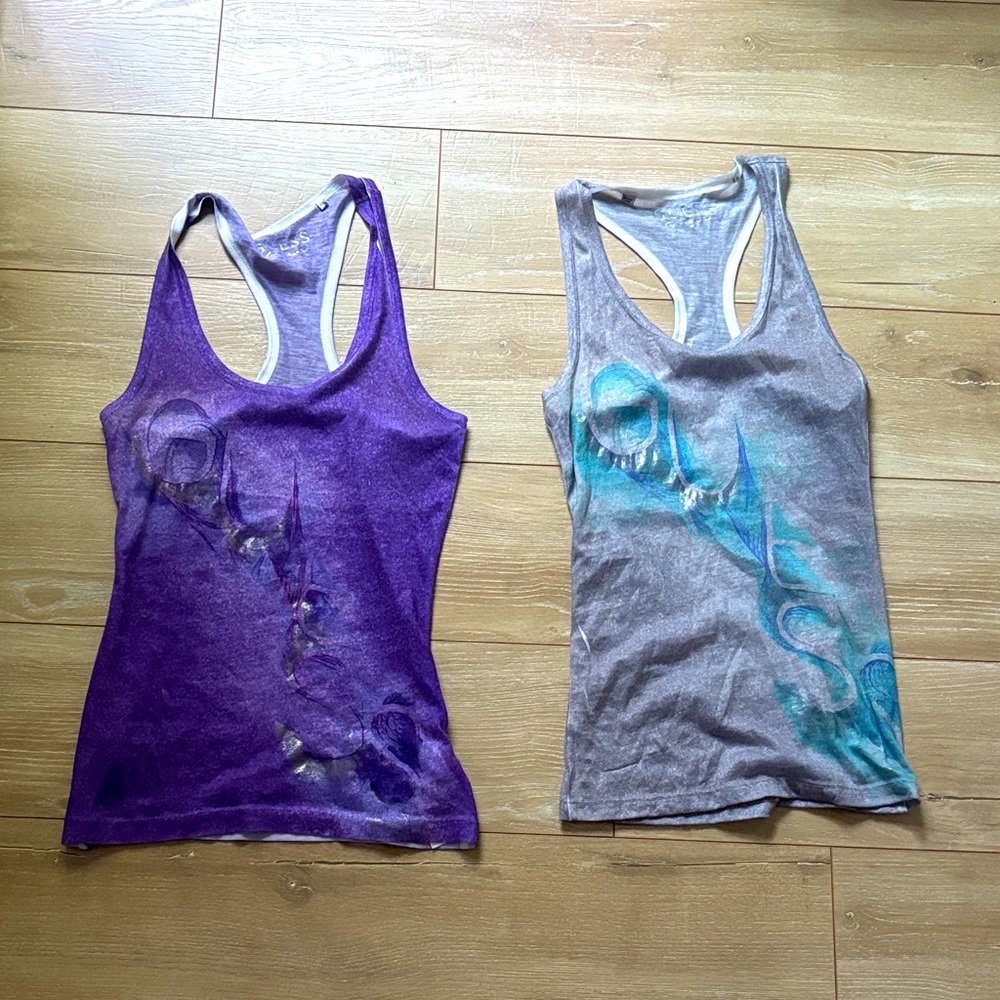 Purple and Gray XS Guess Sheer Super Soft Rare Tank Tops